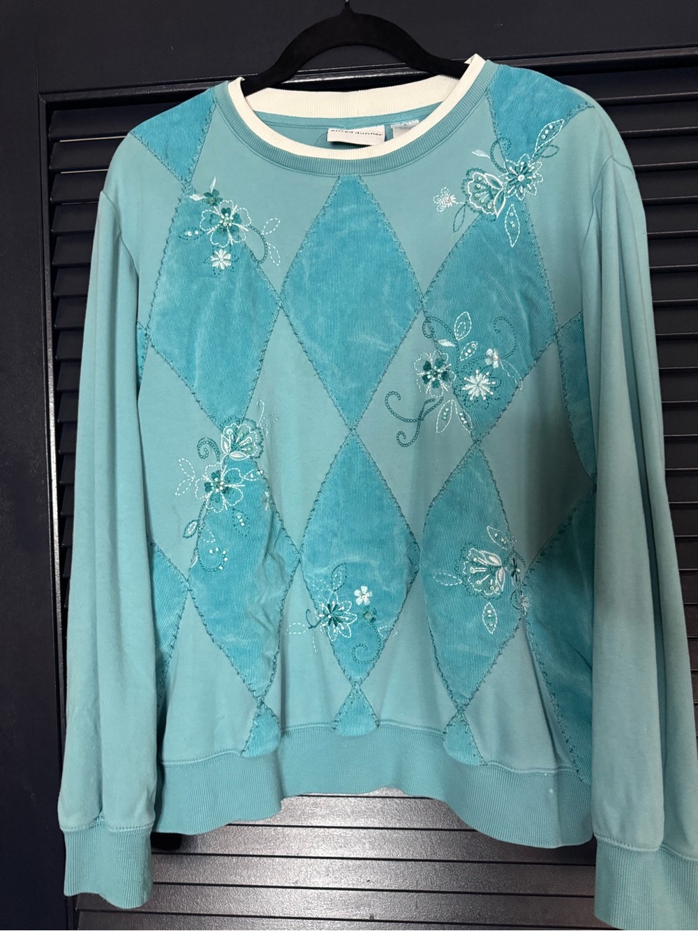 Alfred Dunner Teal Floral Embroidered Argyle Sweatshirt XL